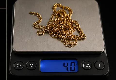 Corrente de ouro sendo pesada em balança de precisão